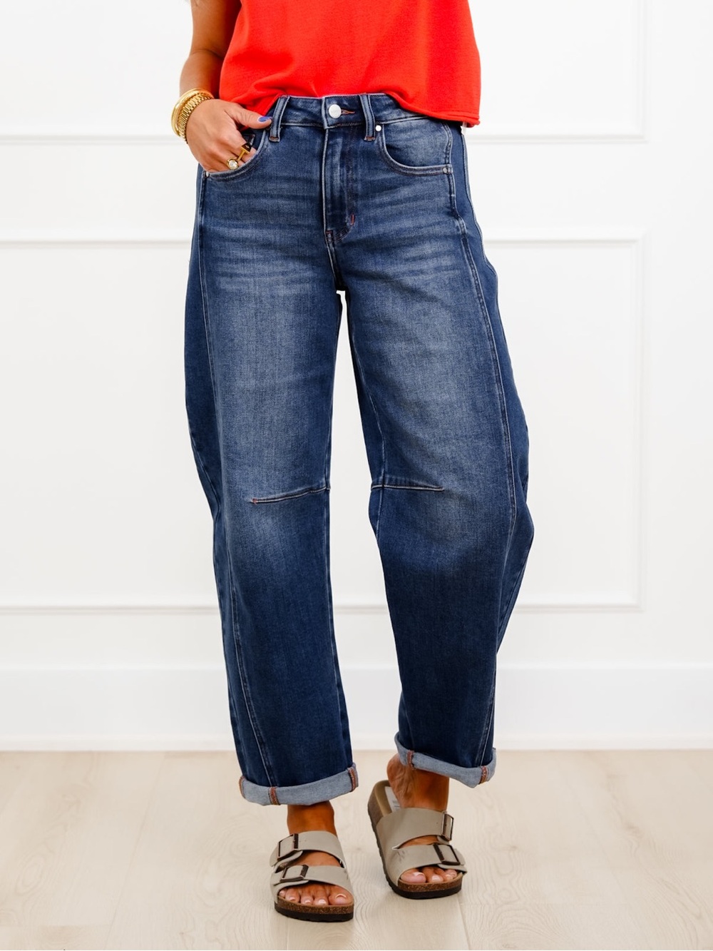 Risen NWOT High Rise Dark Wash Boyfriend Cuffed Barrel Jeans
